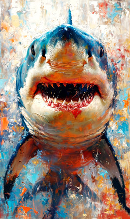 Shark with open mouth and big teeth. Oil painting on canvas.の素材