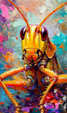Mantis painting on canvas. digital painting of a grasshopperの素材