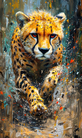 Digital painting of cheetah with splashes of paint on canvas.の素材