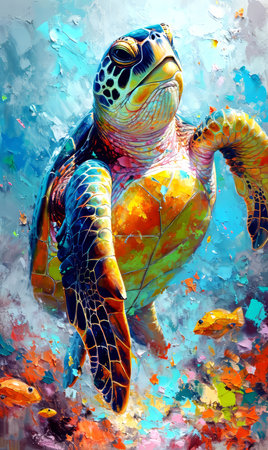 Turtle on abstract colorful background. Digital painting. Illustration.の素材