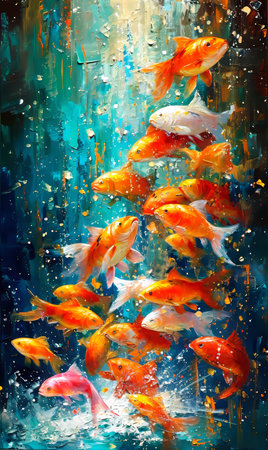 Goldfish in the aquarium. Colorful background. Color painting.の素材