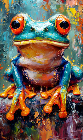 Frog painted on the wall. Oil painting on canvas. Illustration.の素材