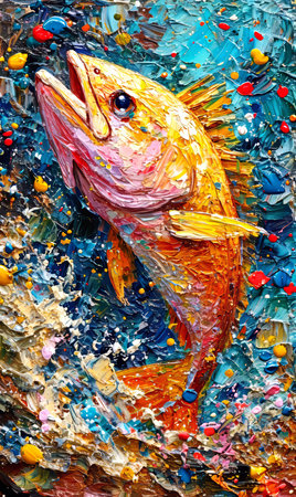 Oil painting on canvas. Picture of a big fish. Colorful background.の素材