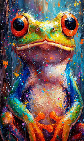 Frog on a colorful background. Original oil painting on canvas.の素材