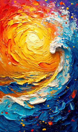 Abstract oil painting on canvas in blue, orange and yellow tones.の素材