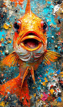 Colorful oil painting of a fish on canvas.の素材