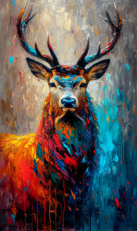 Digital painting of a wild deer with multicolored paint stains.の素材