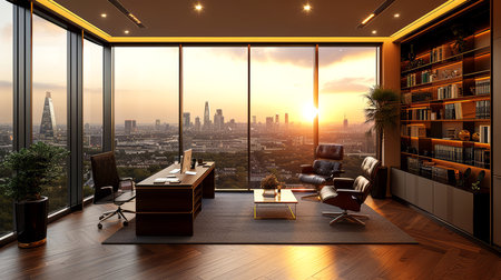 Modern office interior with panoramic city view.の素材