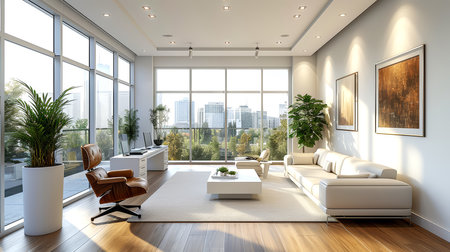 Modern living room with white walls, wooden floor, white sofa and armchair.の素材