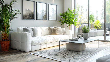 Interior of modern living room with white sofa and plants.の素材