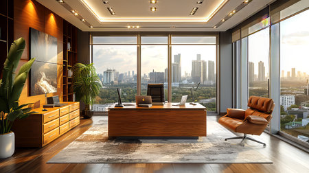Interior of modern office with panoramic city view.の素材