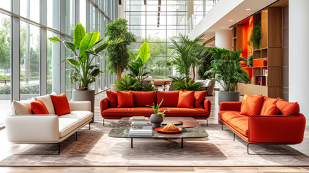 Modern living room interior design with orange sofa, coffee table and plants.の素材