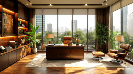 Interior of modern office with wooden walls, panoramic window.の素材