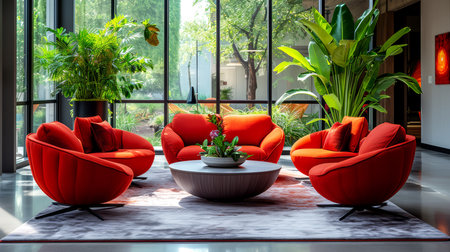 Interior of a living room with red armchairs and plants.の素材