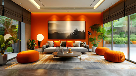 Modern living room interior with orange sofa and coffee table.の素材