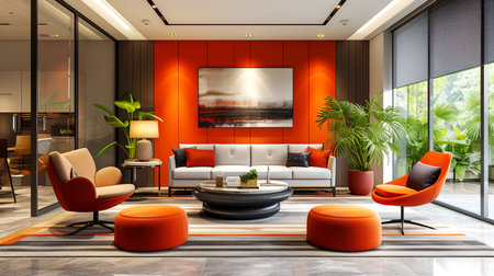 The interior of the modern living room with orange walls, concrete floor, orange sofa and coffee table.の素材