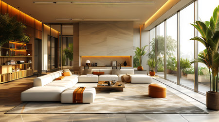 The interior of the modern living room has a brown sofa and coffee table.の素材