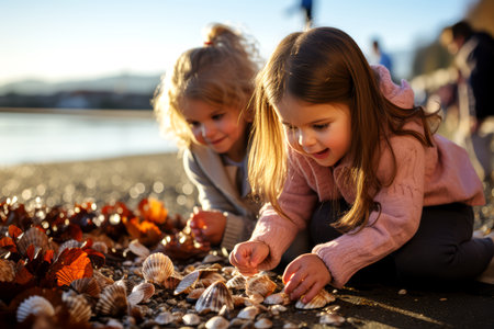 Two adorable little sisters playing with seashells on the beach in autumn.の素材