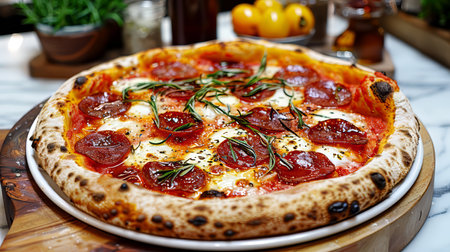 Pizza with salami and mozzarella cheese on wooden tableの素材