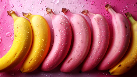 Bunch of bananas with water drops on pink background, closeupの素材