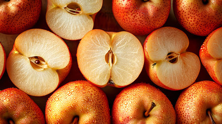 Red apples and pears on a wooden table. Top view.の素材