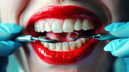 Close up of woman's mouth with open mouth and dental instruments. Dentistry concept.の素材