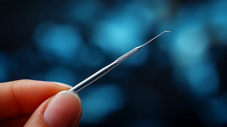 Dental tweezers in hand on blue bokeh backgroundの素材