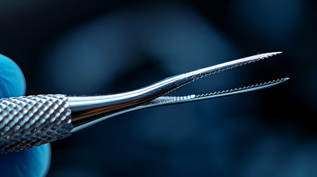 Dental tweezers and probe in operation room. Medical backgroundの素材