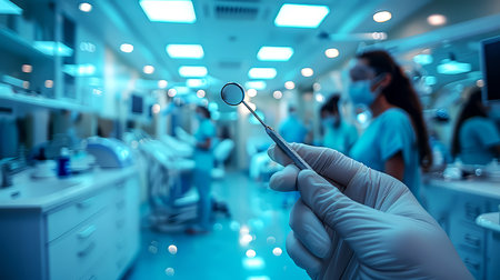 The dentist's hand is holding a magnifying glass.の素材