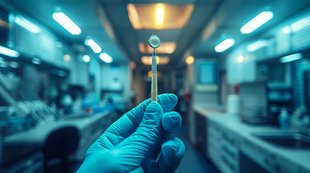 Hand of a dentist holding a medical instrument in the operating room.の素材