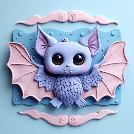 3D illustration of a cute cartoon blue bat on a blue backgroundの素材