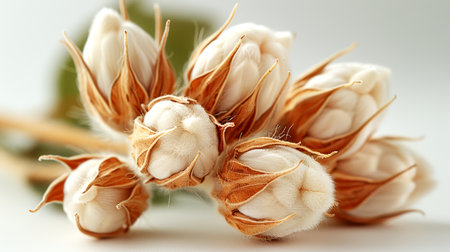 Cotton flower buds on white background. Close-up. Macro.の素材