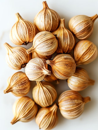 Heap of dried shallot on white background. Top view.の素材