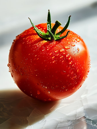 Tomato with drops of water on a white background, close-upの素材