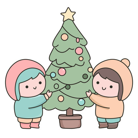 Children decorating a Christmas tree. Vector illustration in doodle style.のイラスト素材