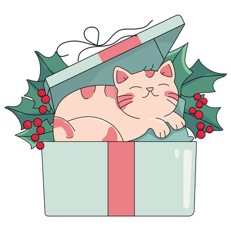 Cute cat in a gift box with holly leaves and berriesのイラスト素材
