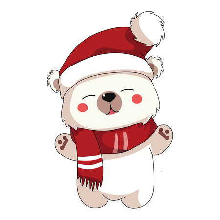 Cute polar bear in red hat and scarf. Vector illustration.のイラスト素材