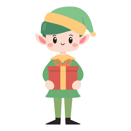Christmas elf holding a gift box. Vector illustration of a Christmas elf.のイラスト素材