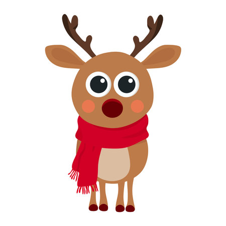 Cute cartoon reindeer with red scarf. Vector illustration.のイラスト素材