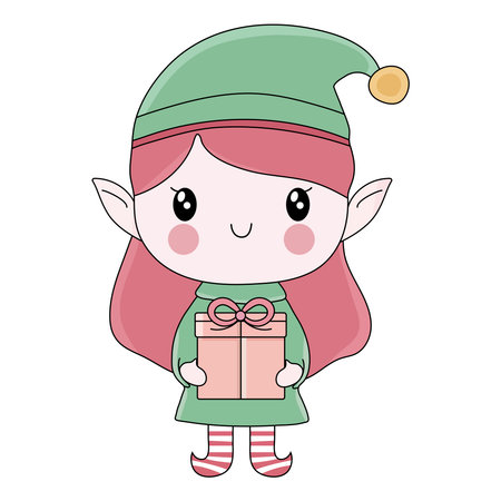Cute elf with gift box kawaii character vector illustration designのイラスト素材