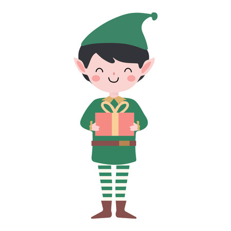 Cute elf holding gift box. Christmas and new year vector illustration.のイラスト素材