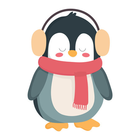 Cute penguin with scarf and earphones vector illustrationのイラスト素材