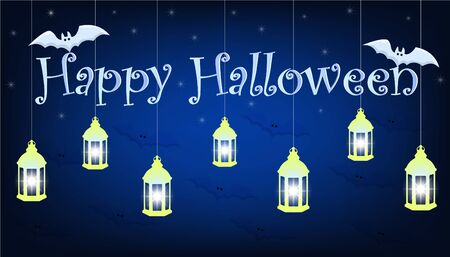Dark blue Happy Halloween banner, on the inscription are two white bats, in the background are beautiful luminous stars, and in the foreground are lamps that are suspended from the skyのイラスト素材