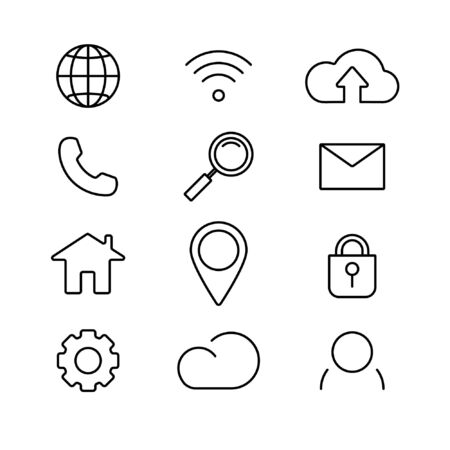 Simple set of web vector line icons. Contains such signs as internet, wifi, envelope, lock, map, weather, user, upload, phone, home, search, gear. Picture on isolated background.のイラスト素材