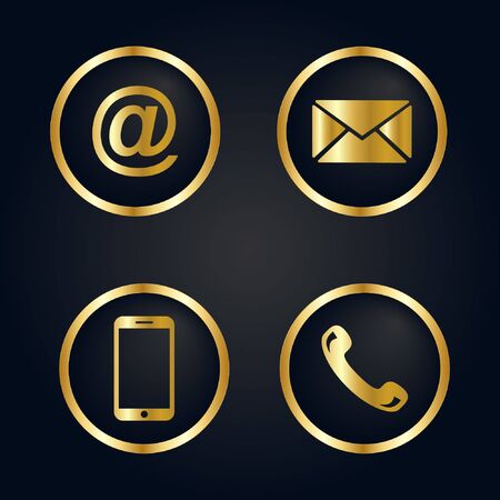 Contact icon set of gold color, on isolated black gradient backgroundのイラスト素材