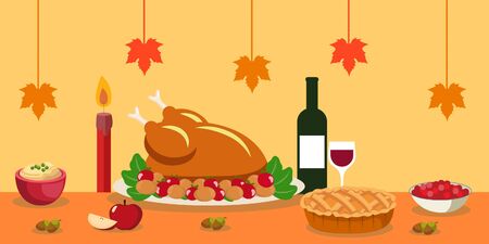 Thanksgiving dinner with traditional dishes, turkey, pie, wine and so on. Horizontal vector illustration with autumn leaves in the background.のイラスト素材