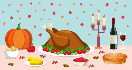 Thanksgiving dinner. On the table are traditional American dishes such as turkey, pie, cranberries and so on. Vector illustration with autumn colorful leaves on an isolated background.のイラスト素材