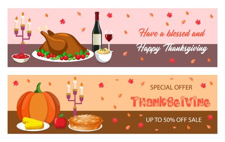 Thanksgiving dinner banner, poster, card, flyer. Vector illustration of traditional american food, turkey, pie, pumpkin, cranberries, corn on an isolated background.のイラスト素材