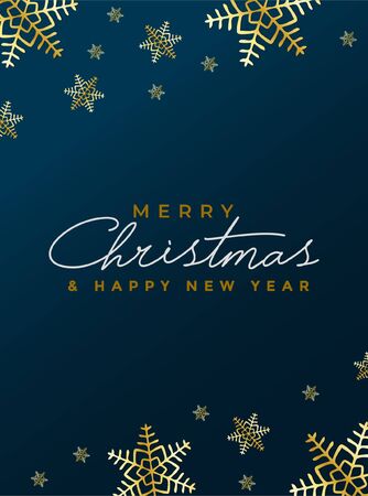 Christmas greeting card, invitation card with golden snowflakes on a blue isolated backgroundのイラスト素材