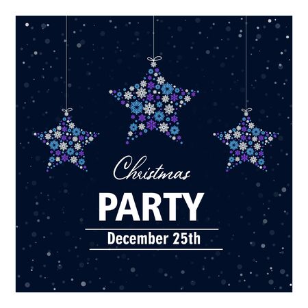 Christmas party invitation card.Can be used as a banner, poster, postcard, flyer.Vector illustration with snowflakes in the form of a star of blue, violet and white color and text on isolated backgroundのイラスト素材